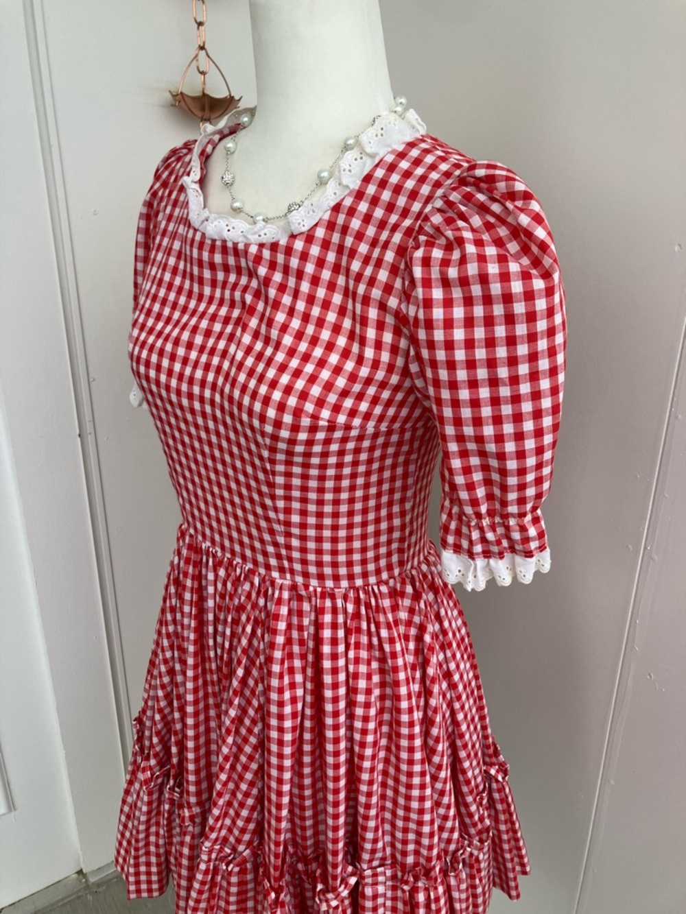 Vintage 60s Red & White Puff Sleeve Circle Skirt Gingham Square Dance Dress - Picture 5 of 10
